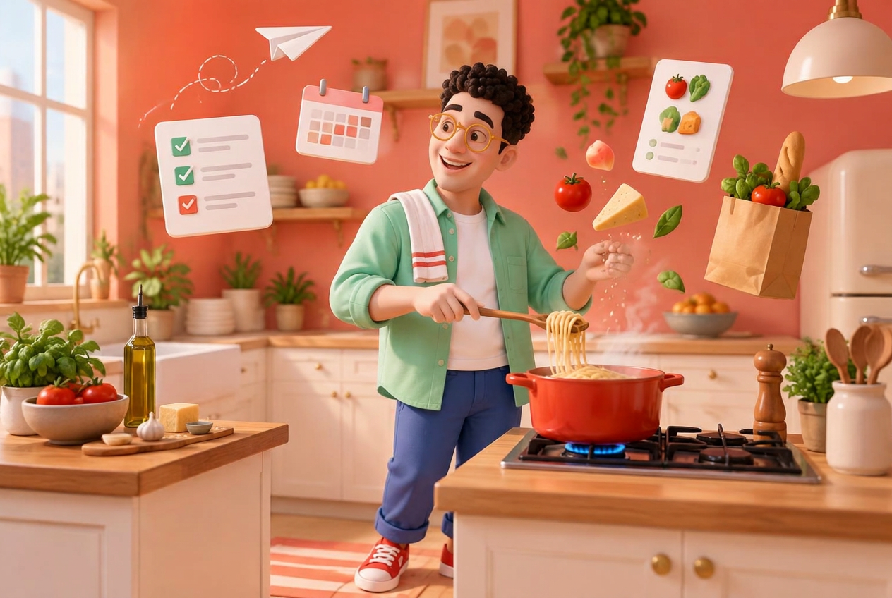 Mark cooking dinner while organizing a calendar and grocery list